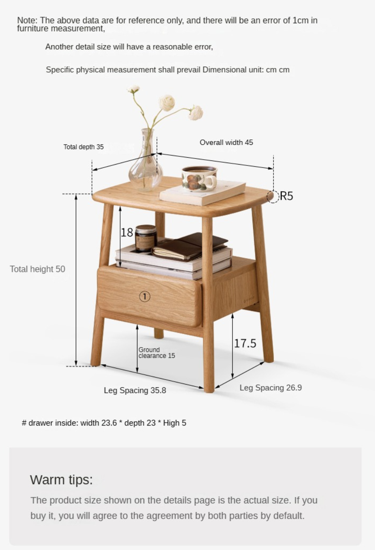 Oak, Beech Solid Wood Nightstand.