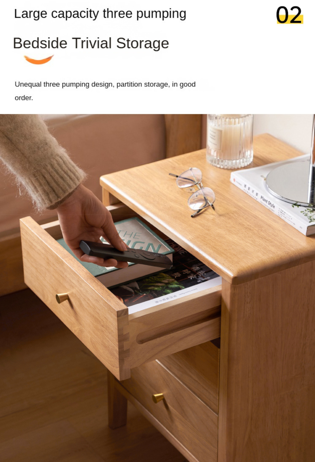 Solid RubberWood, Oak Solid Wood Modern Nightstand.