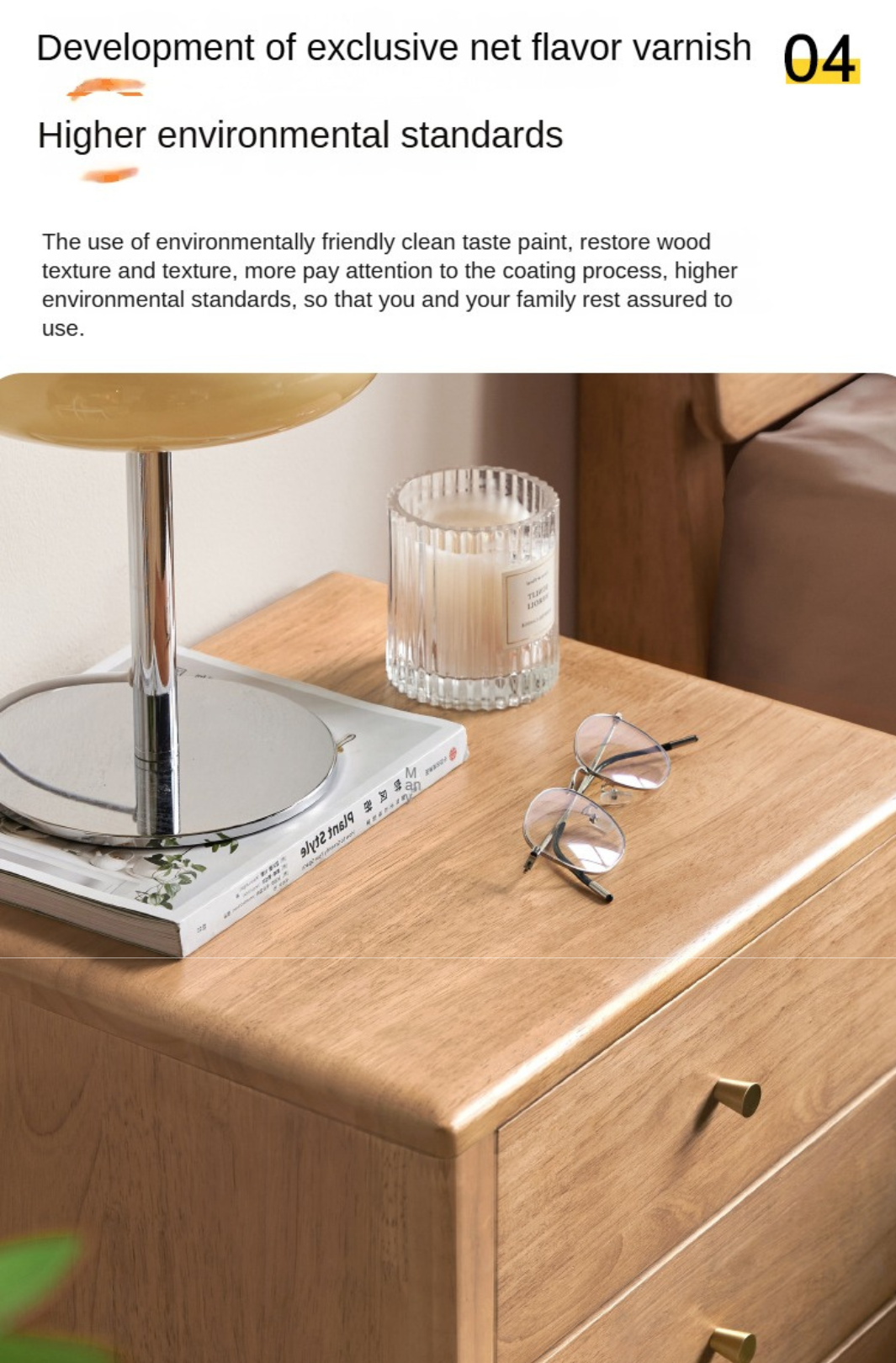 Solid RubberWood, Oak Solid Wood Modern Nightstand.