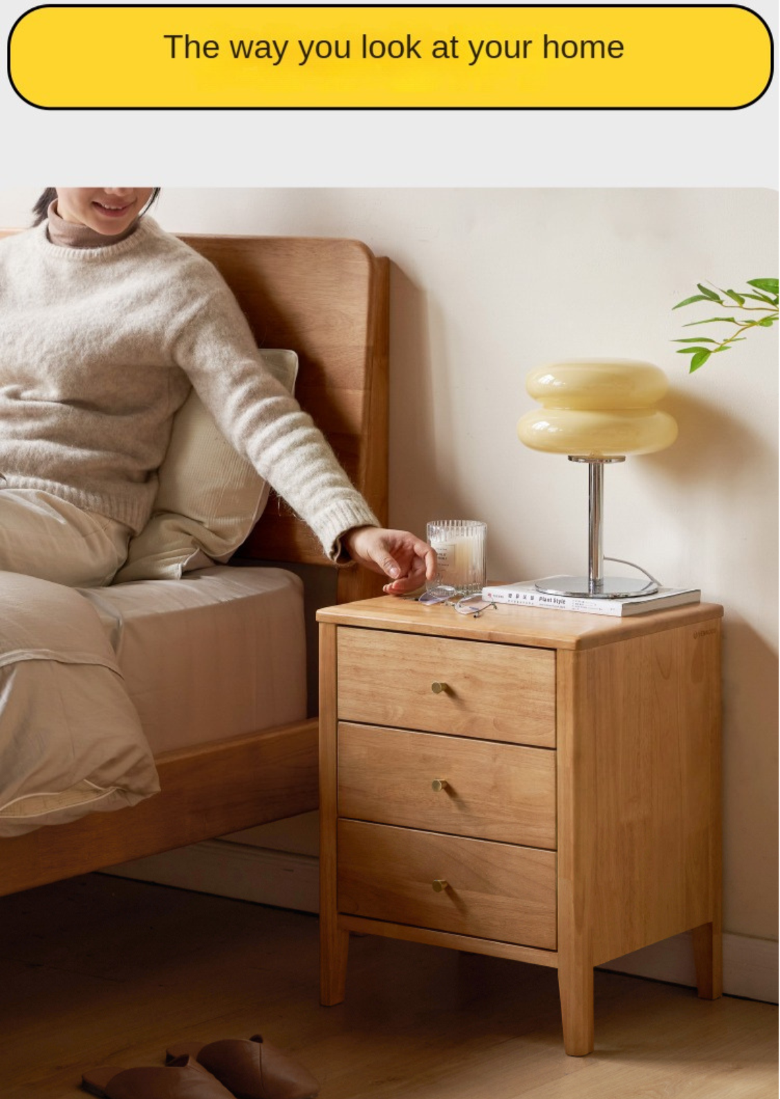 Solid RubberWood, Oak Solid Wood Modern Nightstand.