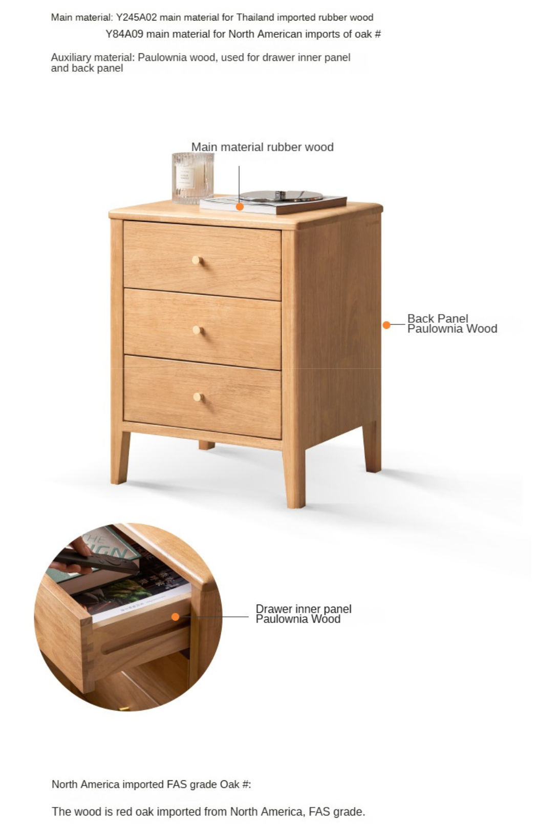 Solid RubberWood, Oak Solid Wood Modern Nightstand.