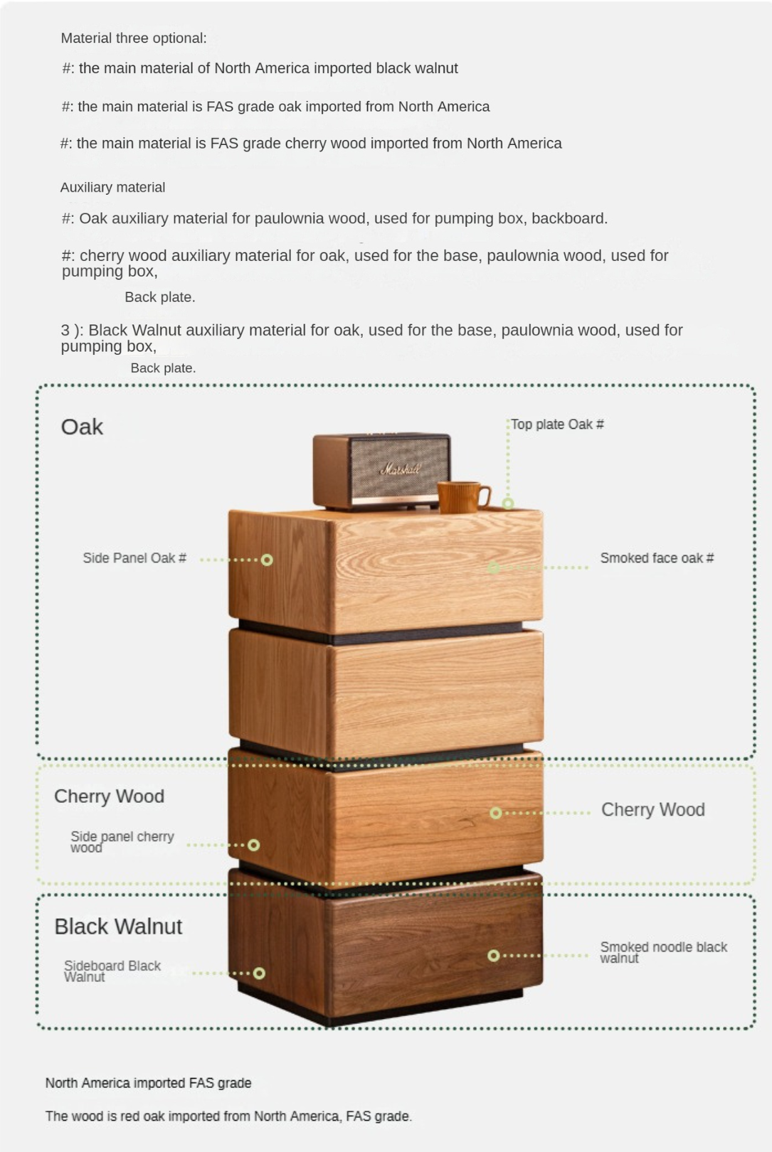 Black Walnut, Cherry, Oak Solid Wood Free Combination Storage Nightstand