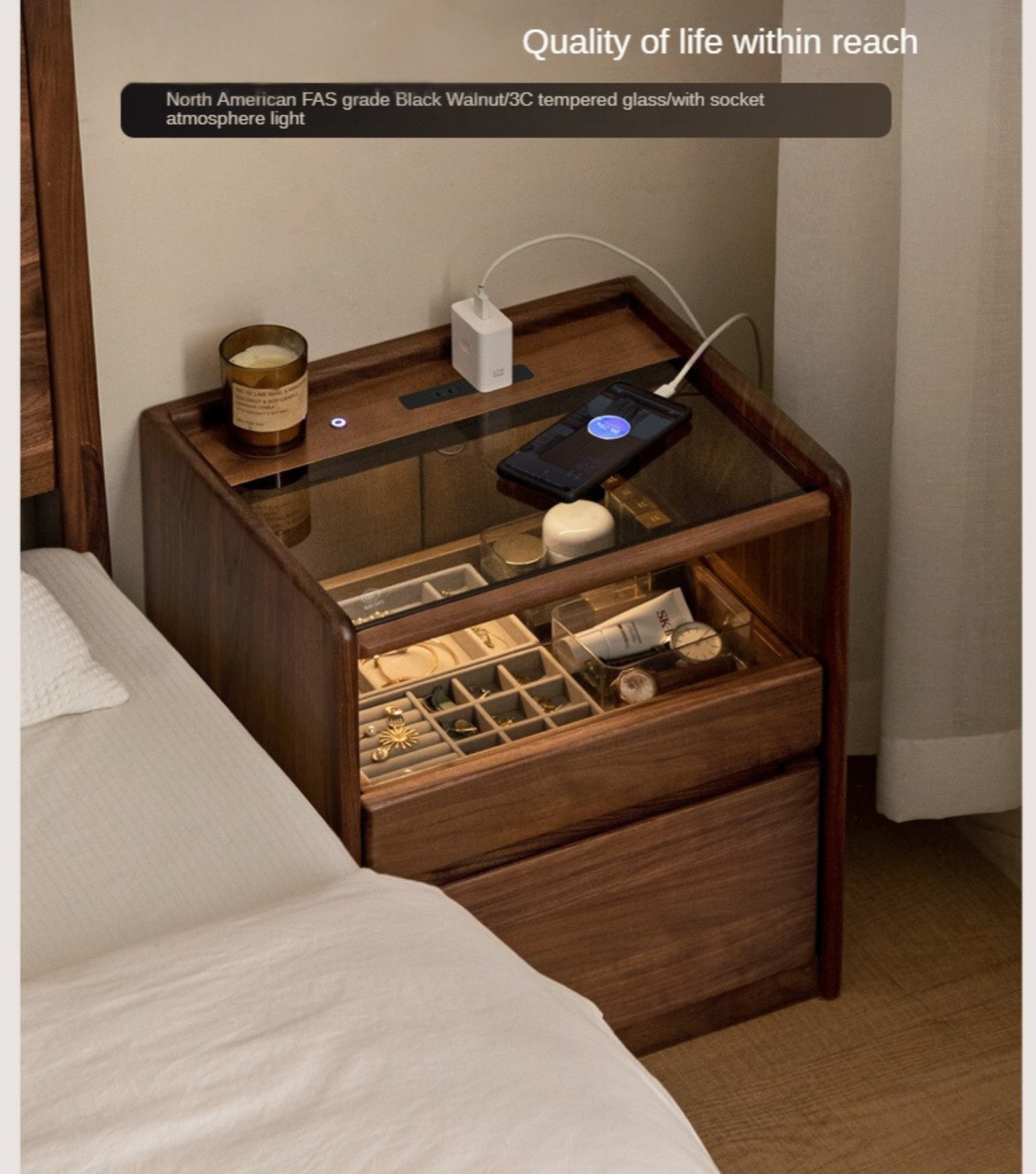Black Walnut, Oak, Sandalwood Solid Wood Nightstand Socket, Lamp