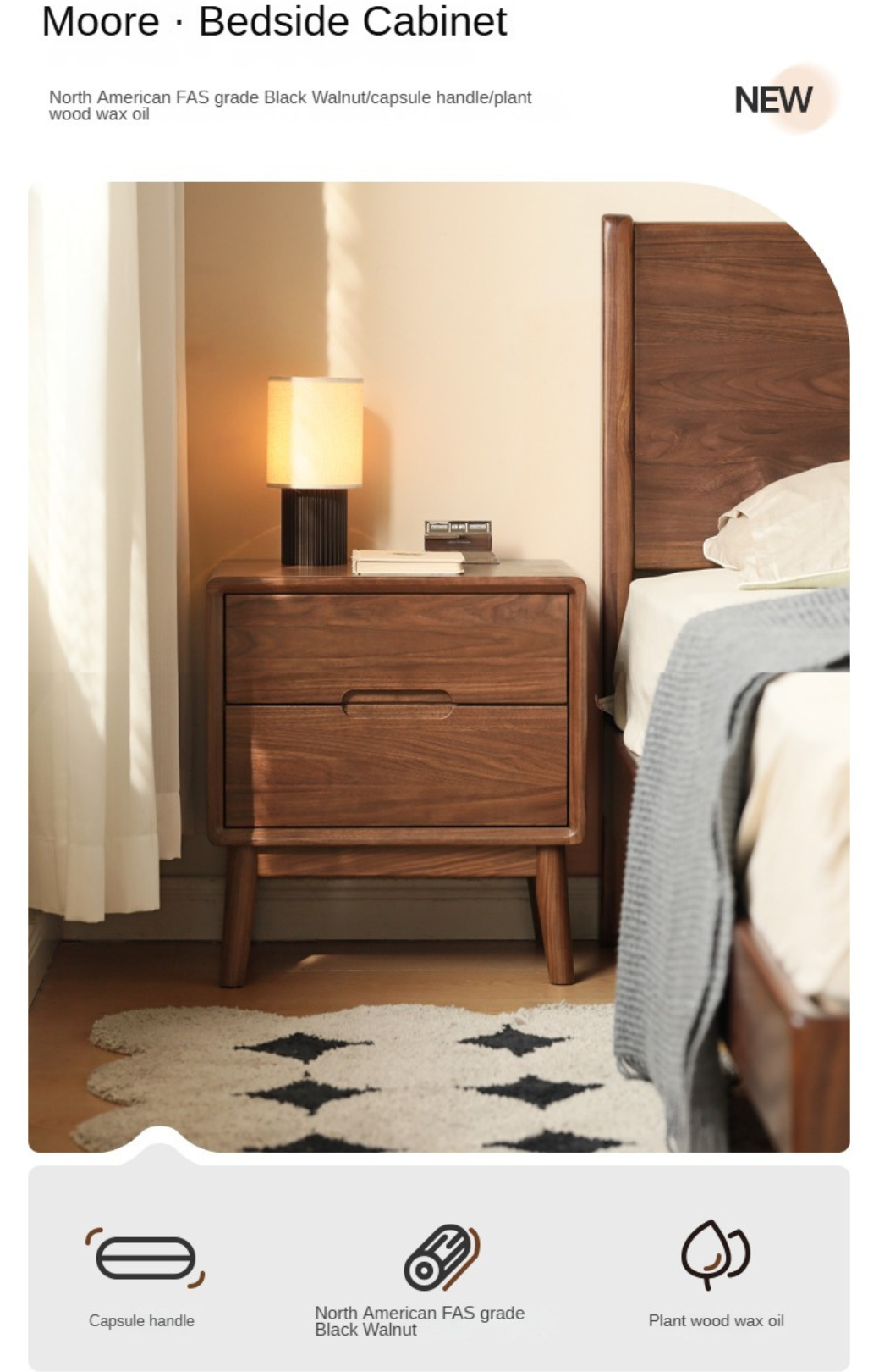 Black Walnut, Sandalwood Solid Wood Nightstand Storage)