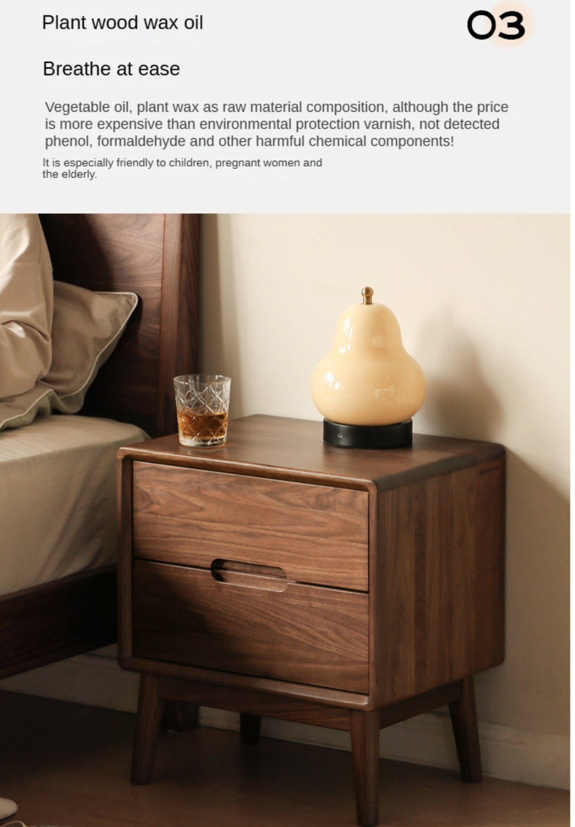 Solid Longan Hardwood, Black Walnut, Sandalwood Solid Wood Nightstand Storage.
