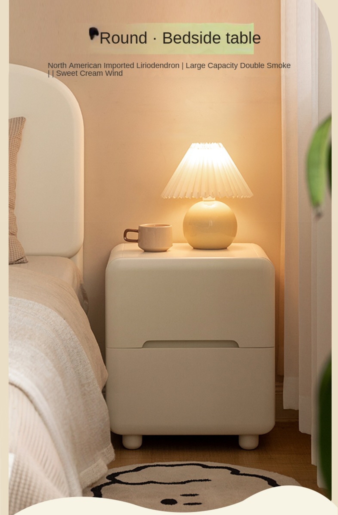 Tulipwood Solid Wood, Solid RubberWood Warm White Two-Drawer Nightstand.