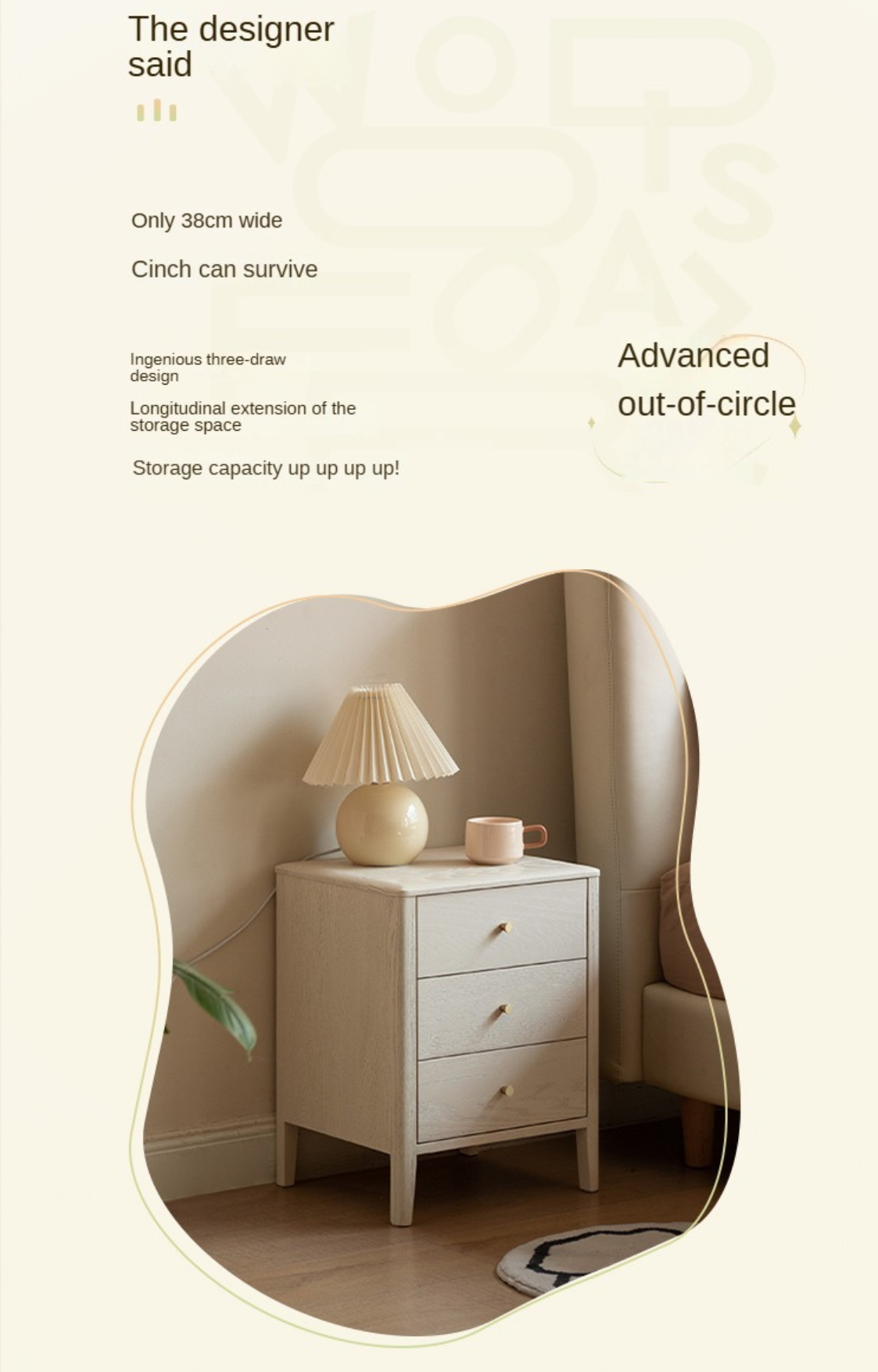 Oak Solid Wood, Solid RubberWood Nightstand Cream Style)
