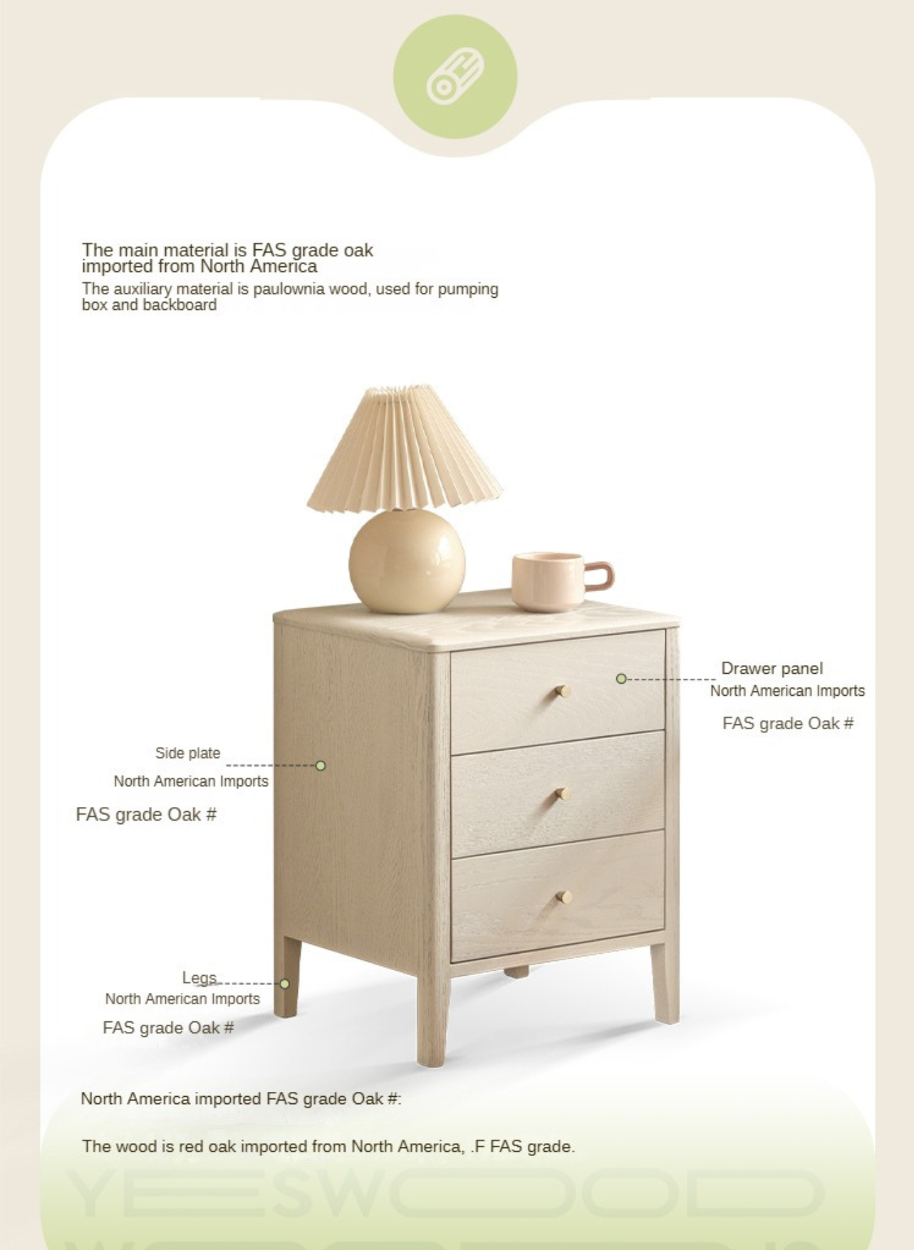 Oak Solid Wood, Solid RubberWood Nightstand Cream Style)