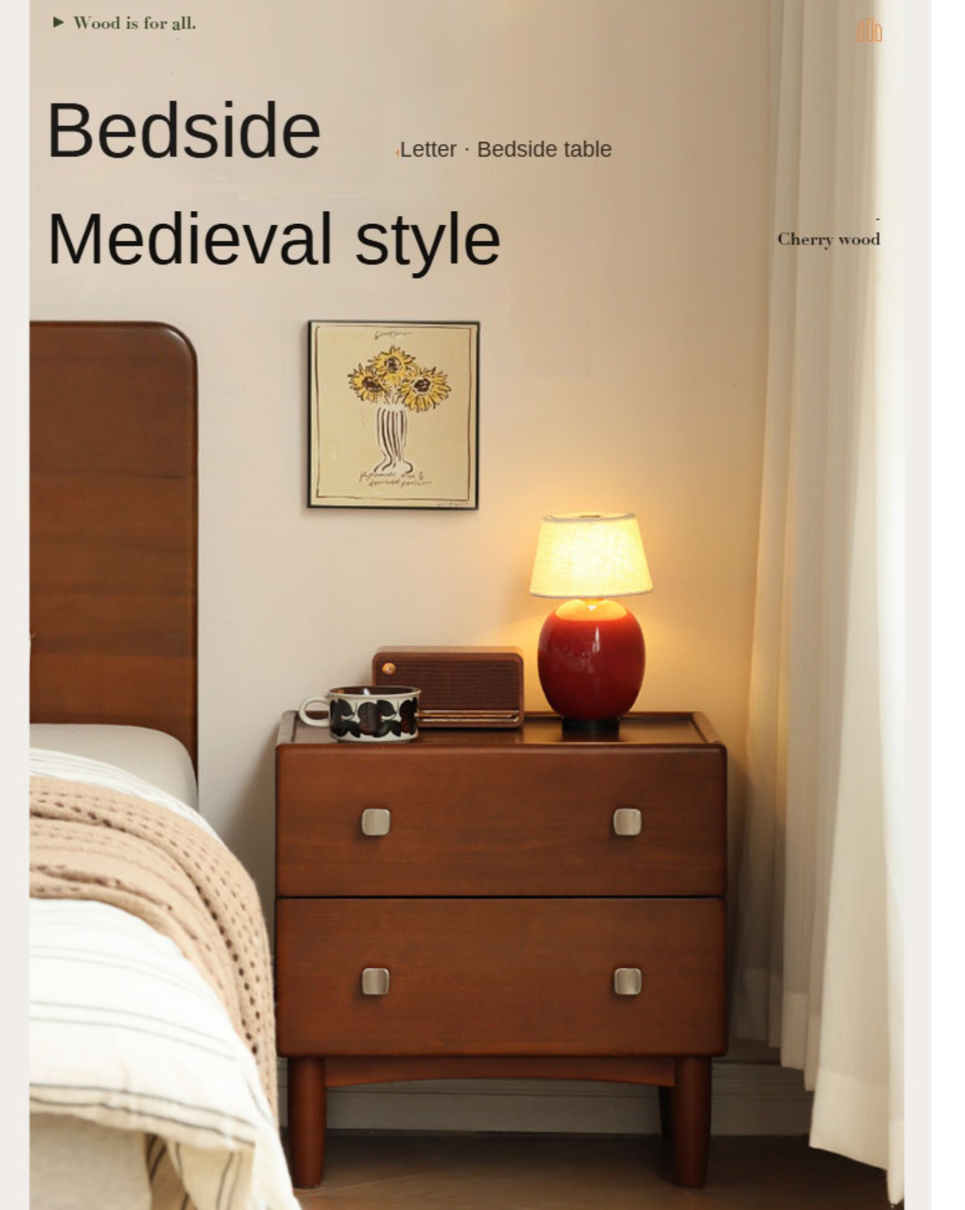 Poplar, Birch Solid Wood Retro Style Nightstand