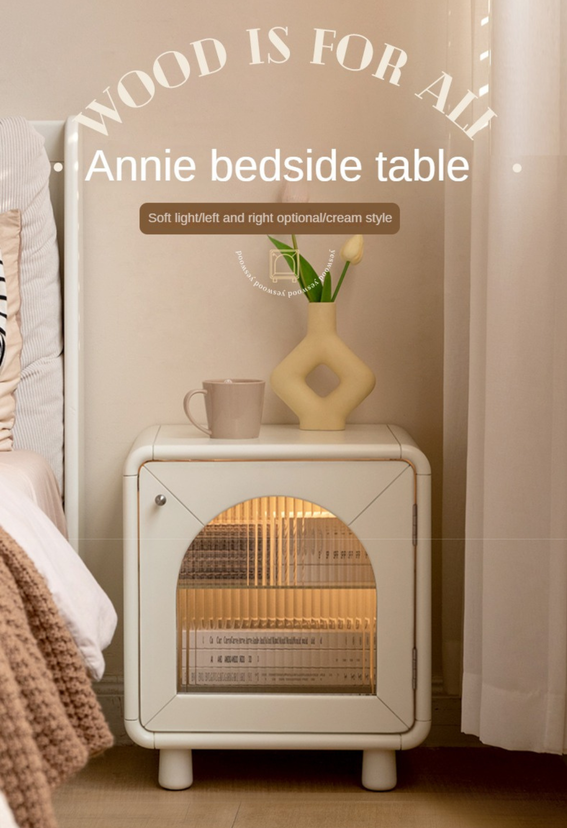 Solid RubberWood, Poplar Solid Wood Light Nightstand Cream Style