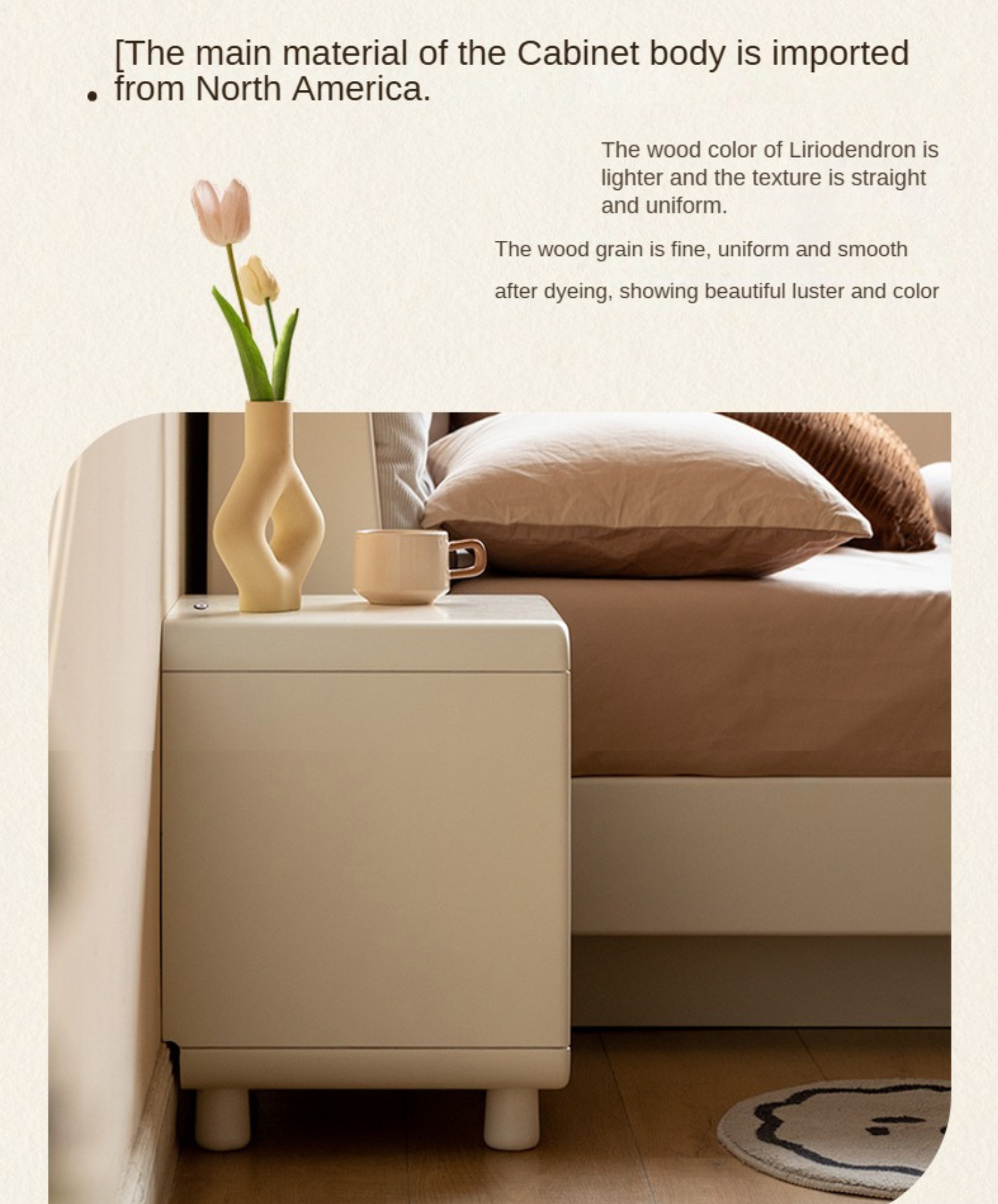 Solid RubberWood, Poplar Solid Wood Light Nightstand Cream Style