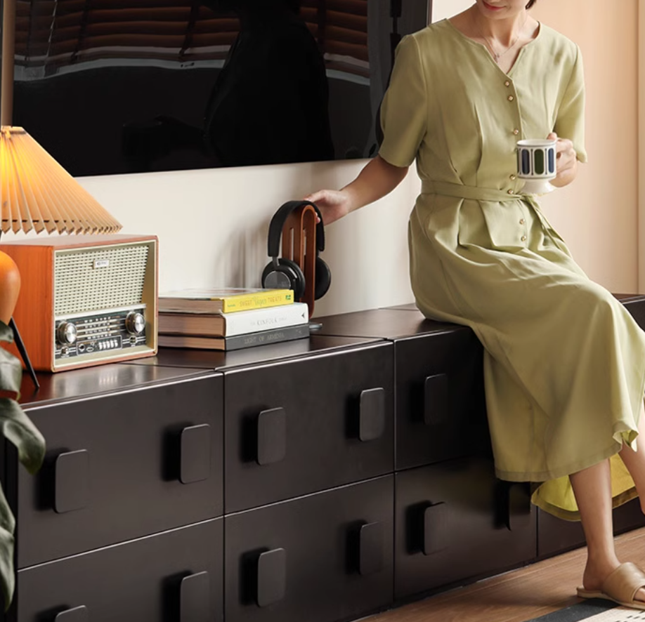 Poplar Solid Wood TV French Retro Floor Module Combination Side Cabinet.