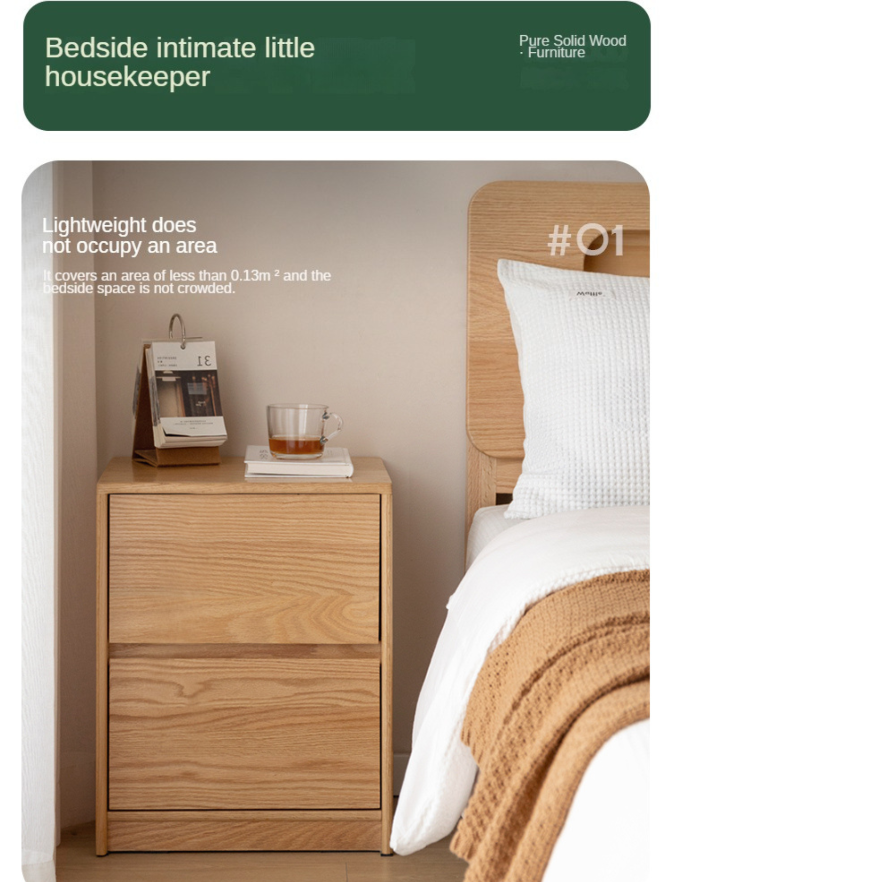 Oak Solid Wood Two Drawer Nightstand.
