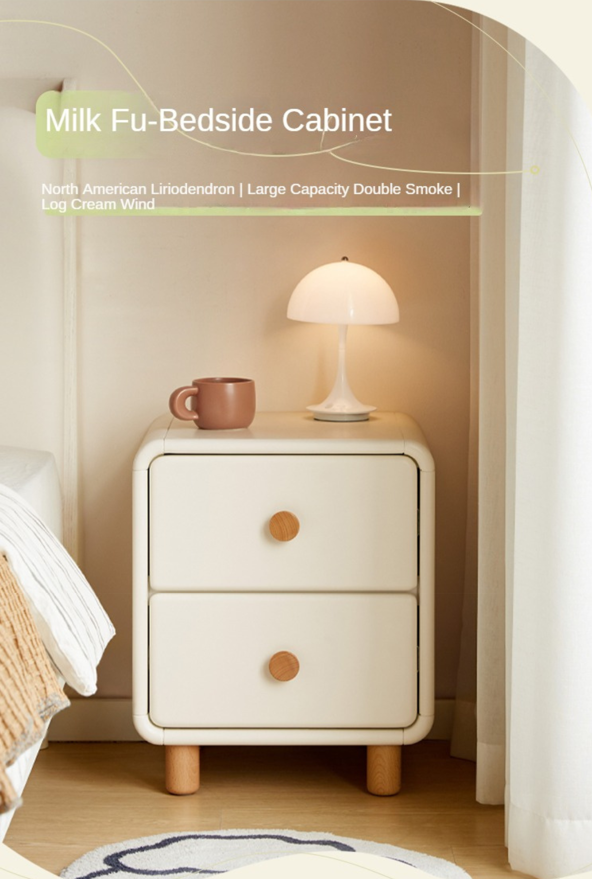Solid Rubberwood Nightstand Cream Style White Cabinet.