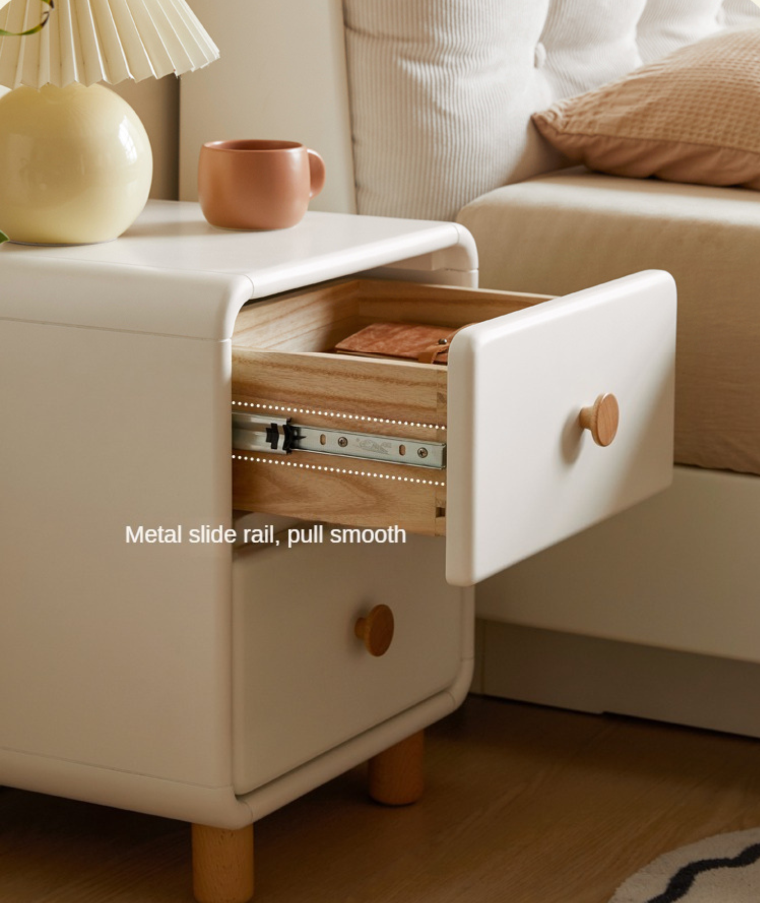 Solid Rubberwood Nightstand Cream Style White Cabinet.