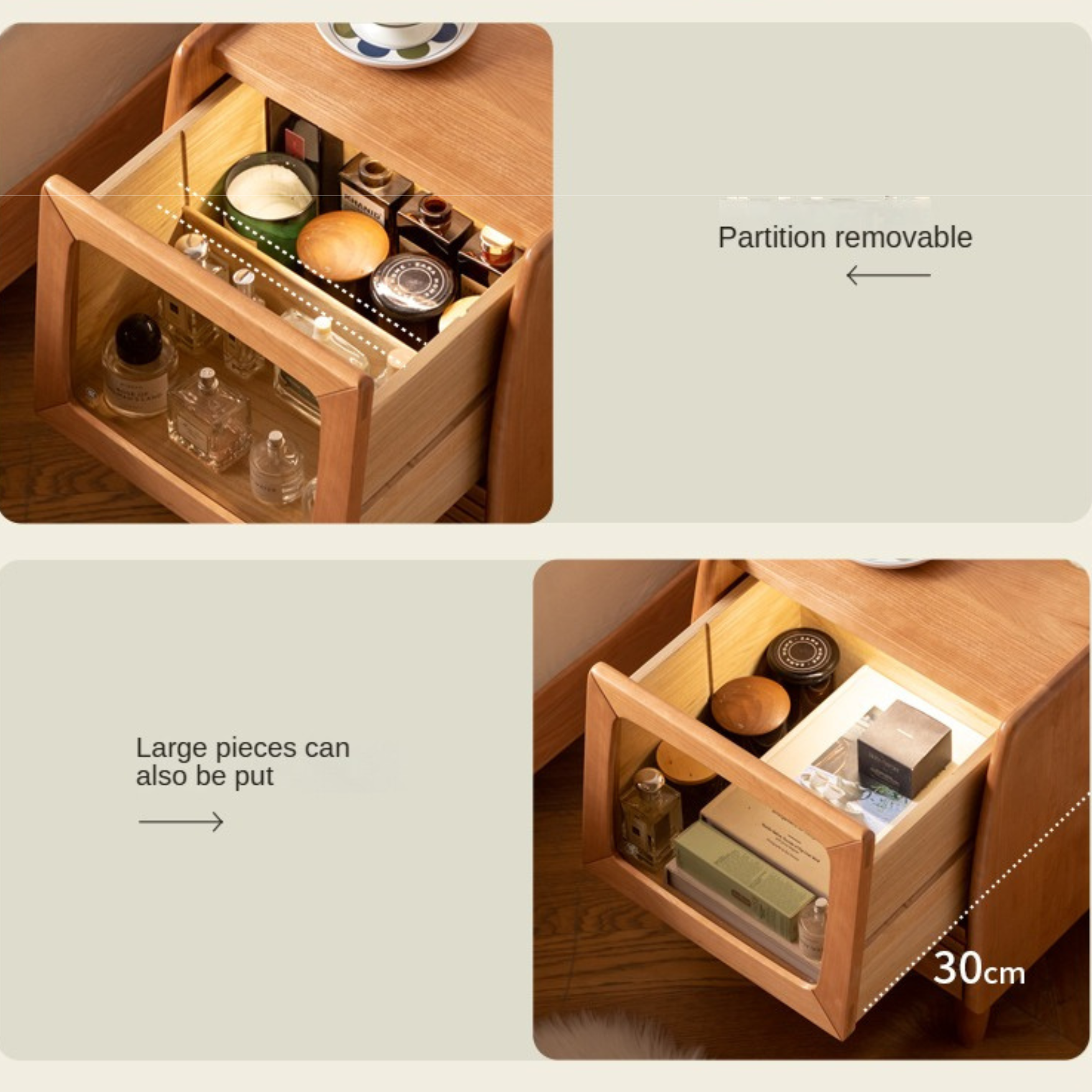 Cherry Solid Wood Art Retro Nightstand with Light Glass