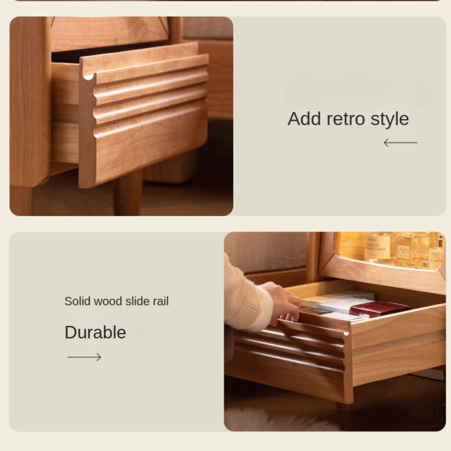 Cherry Solid Wood Art Retro Nightstand with Light Glass