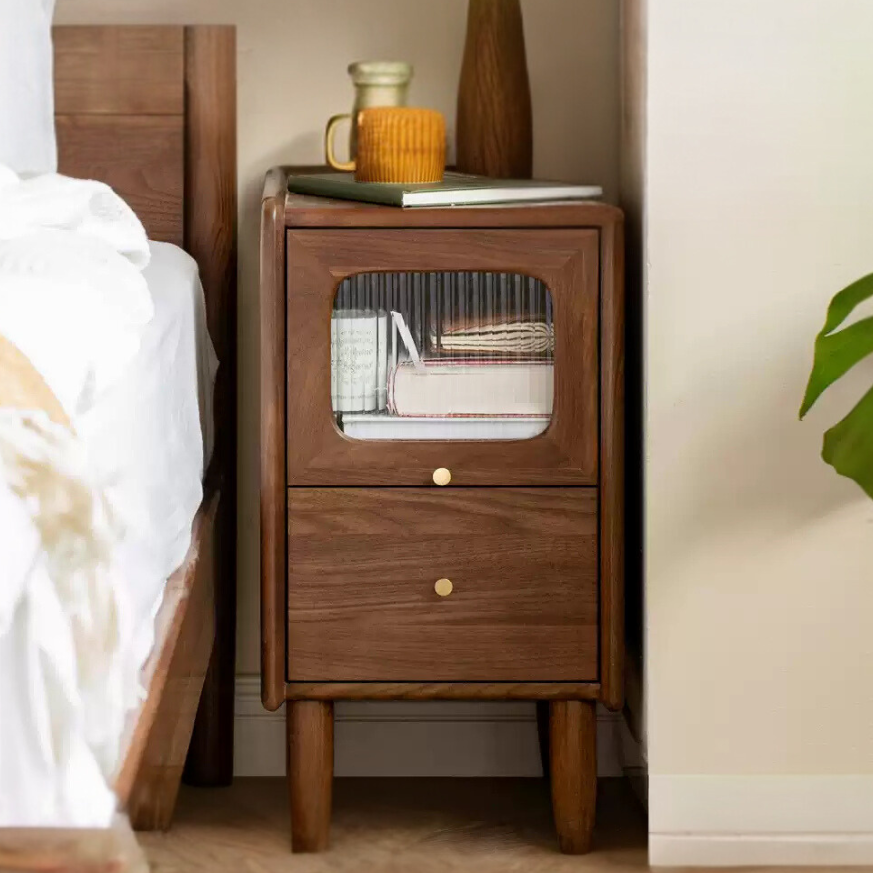 Black Walnut, Calpa Solid Wood Ultra-Narrow Nightstand.