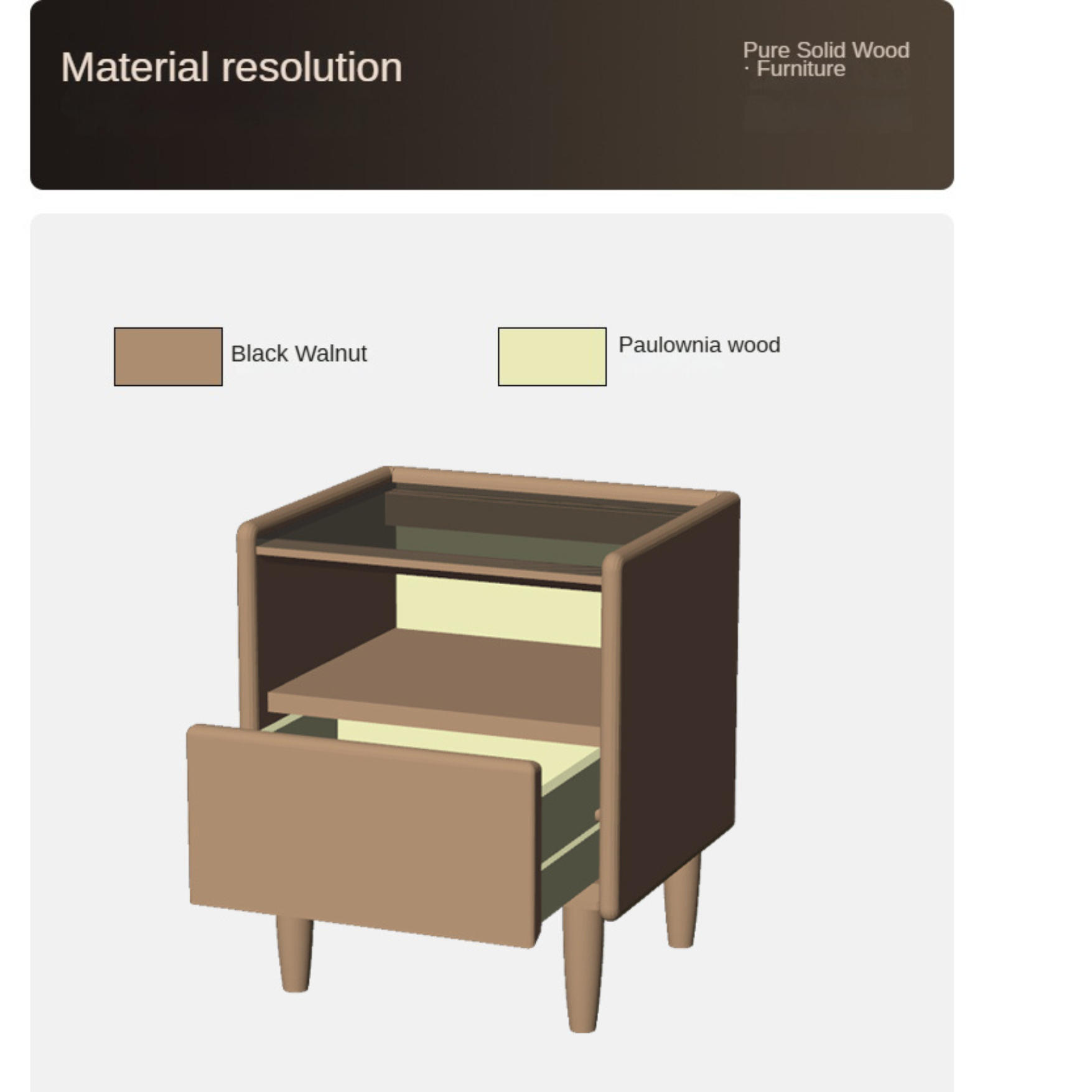 Black Walnut, Catalpa, Sandalwood Solid Wood Nightstand Glass Countertop.