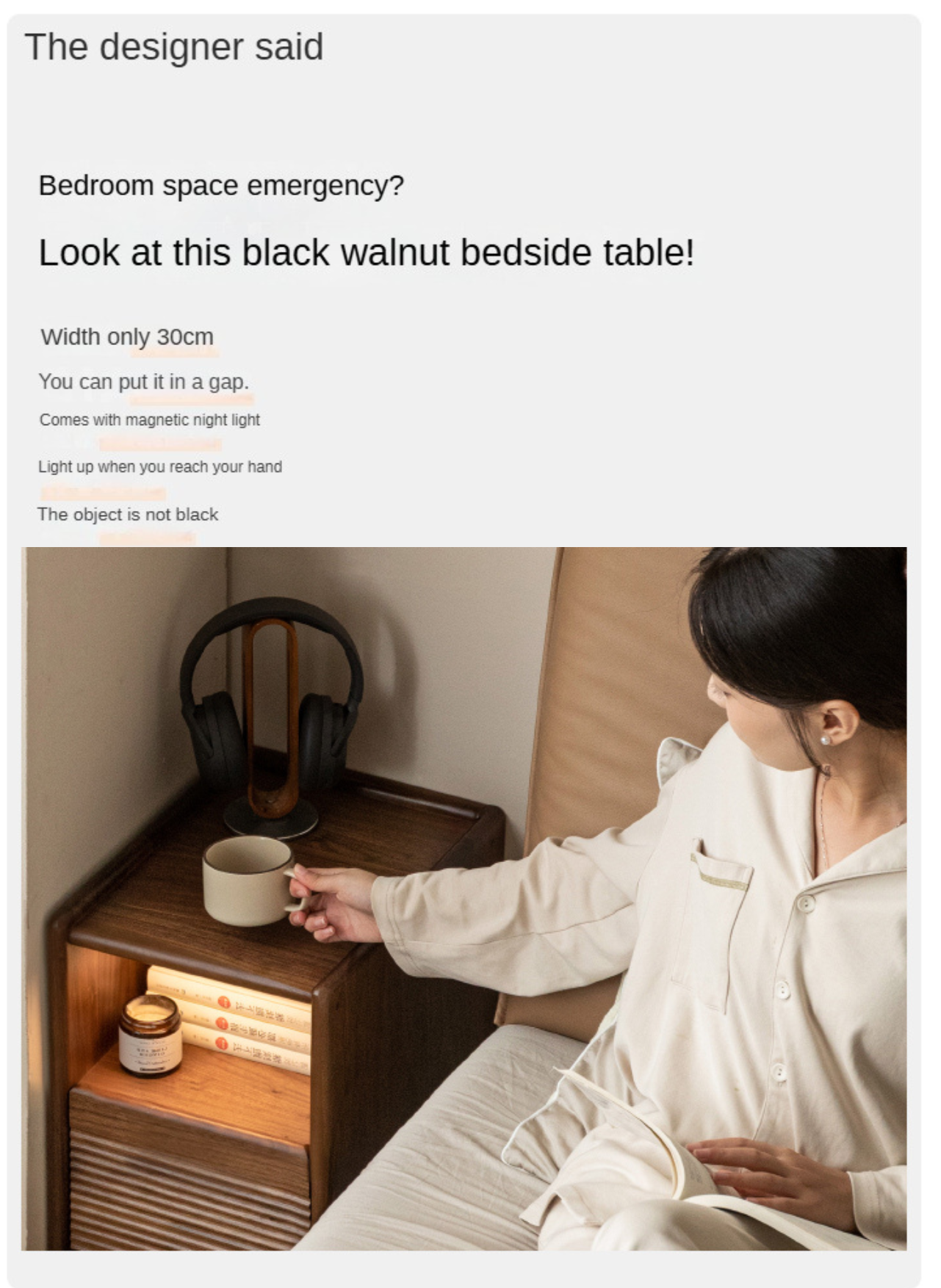 Black Walnut Solid Wood Nightstand Narrow Night Light.