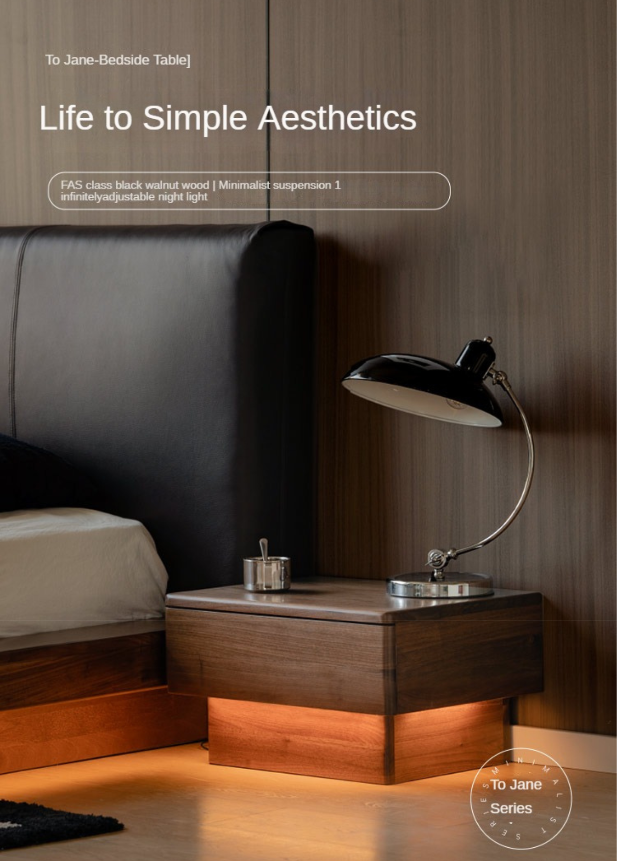 Black Walnut Solid Wood Nightstand With Light Drawer