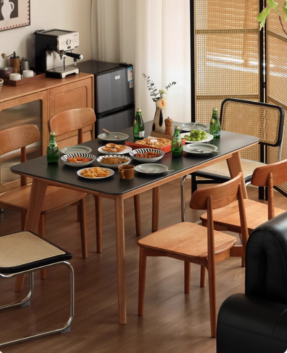 Cherry Solid Wood Retro Rock Plate Long Dining Table.