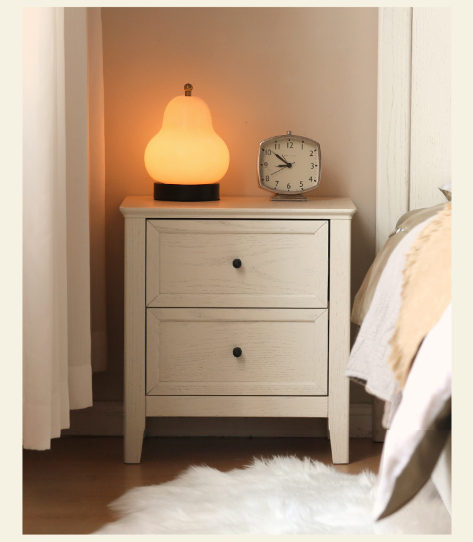 Oak Solid Wood Nightstand Cream American