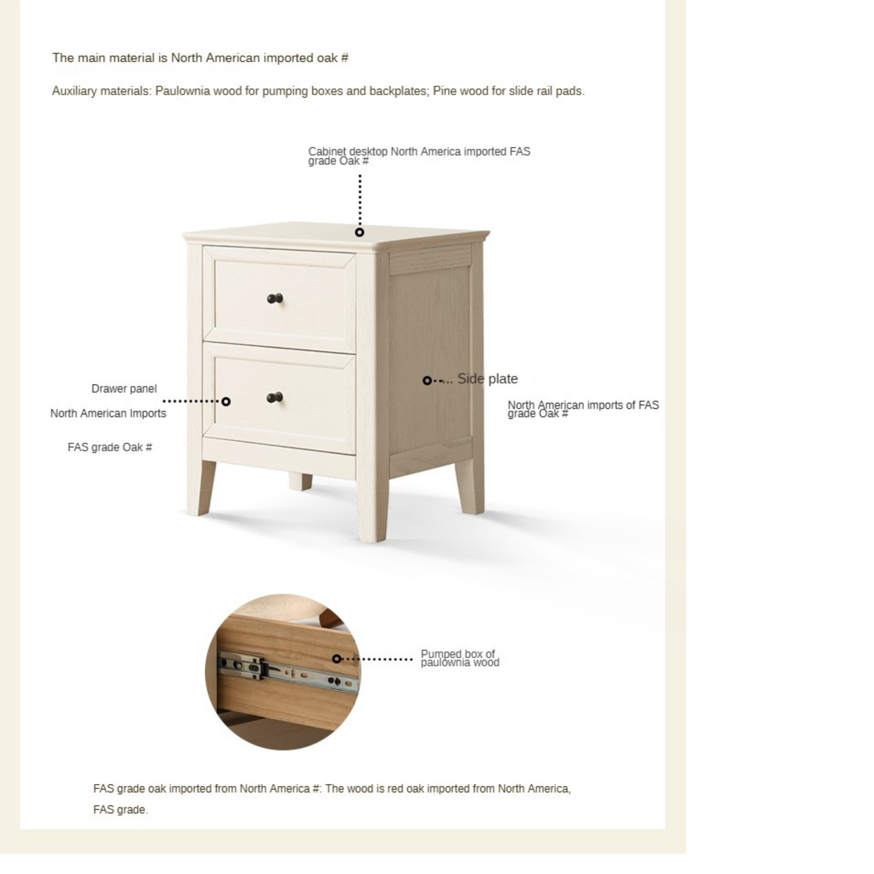 Oak Solid Wood Nightstand Cream American