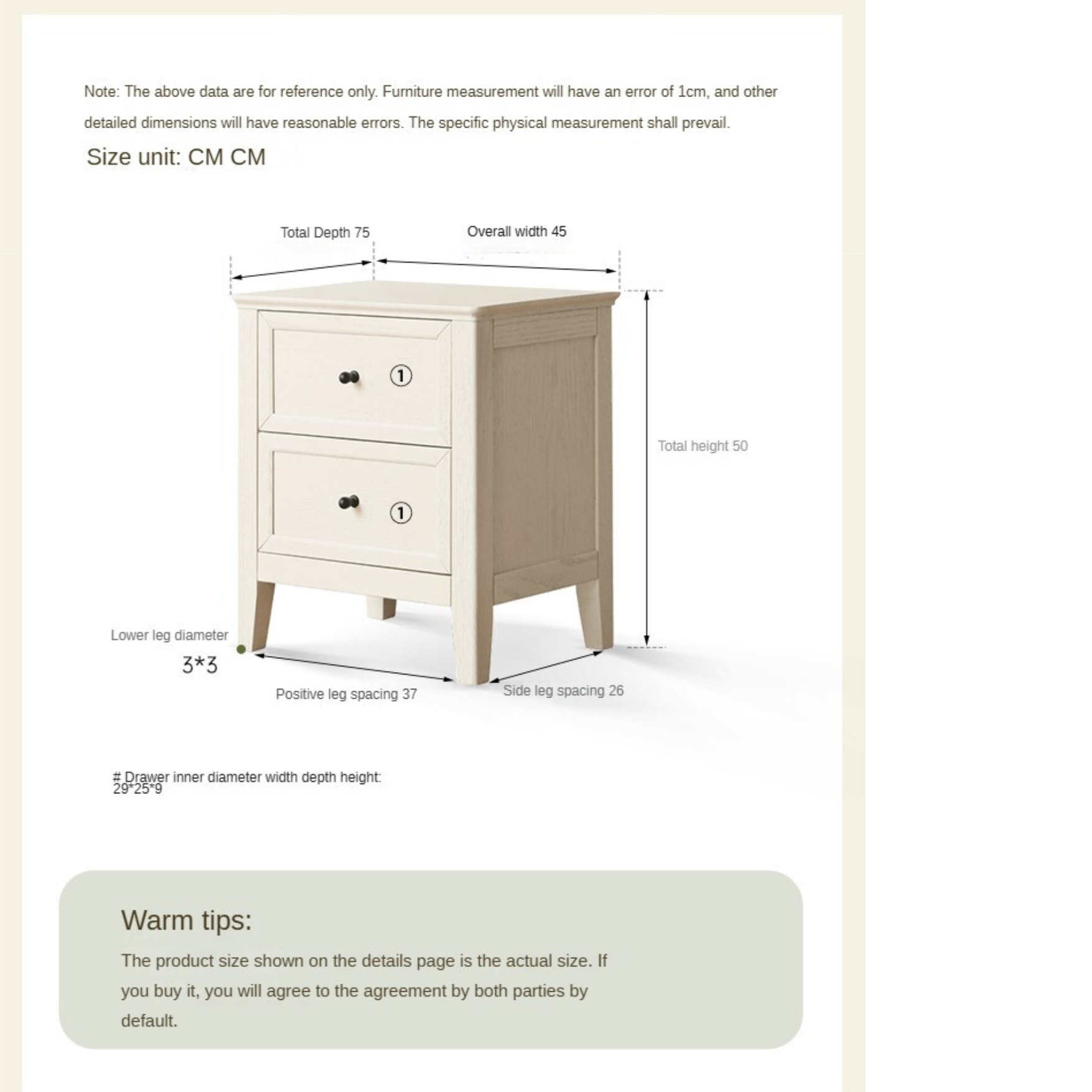 Oak Solid Wood Nightstand Cream American