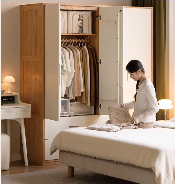 Oak Solid Wood Log Cream Style Wardrobe.