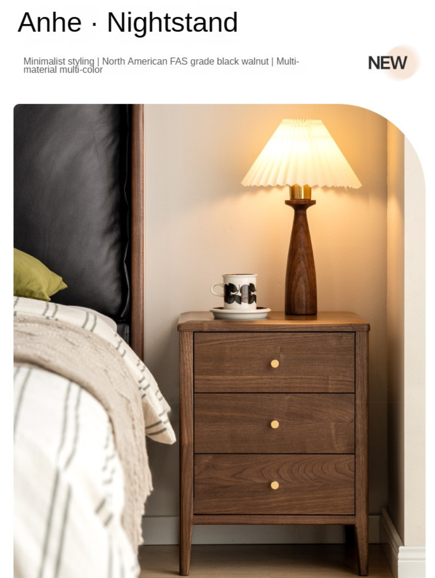 Black Walnut Solid Wood Nordic Style Nightstand.