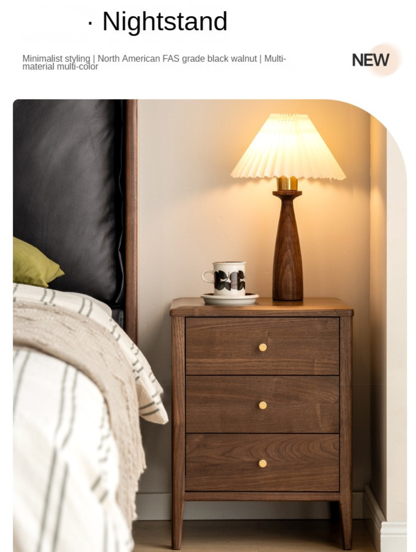 Black Walnut Solid Wood Nordic Style Nightstand.