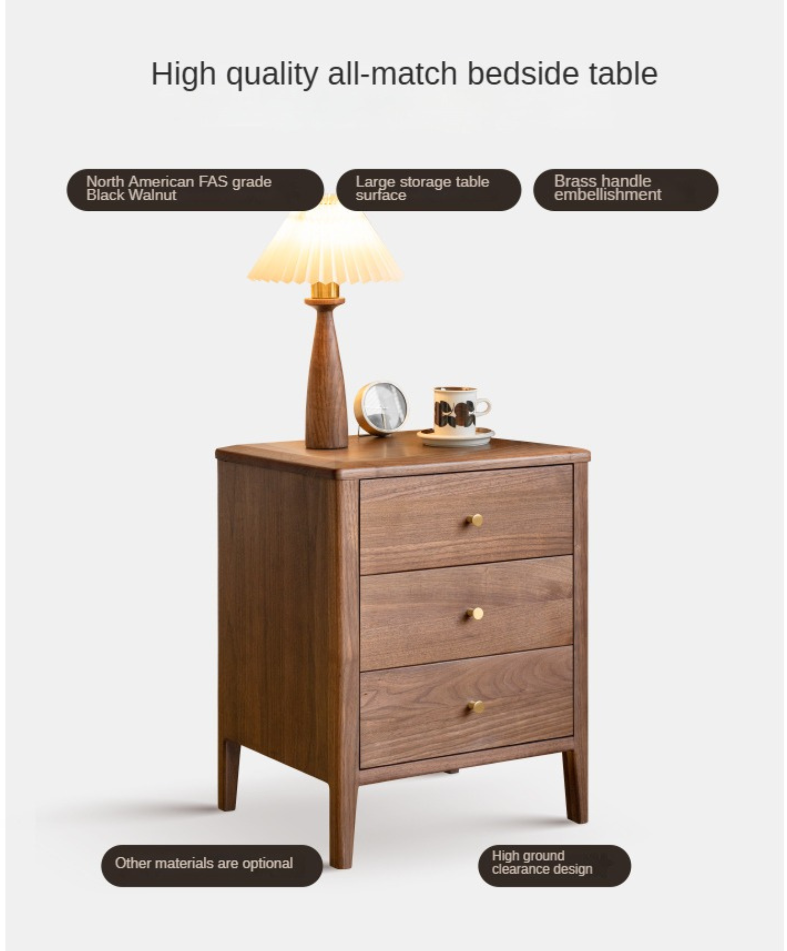 Black Walnut Solid Wood Nordic Style Nightstand.