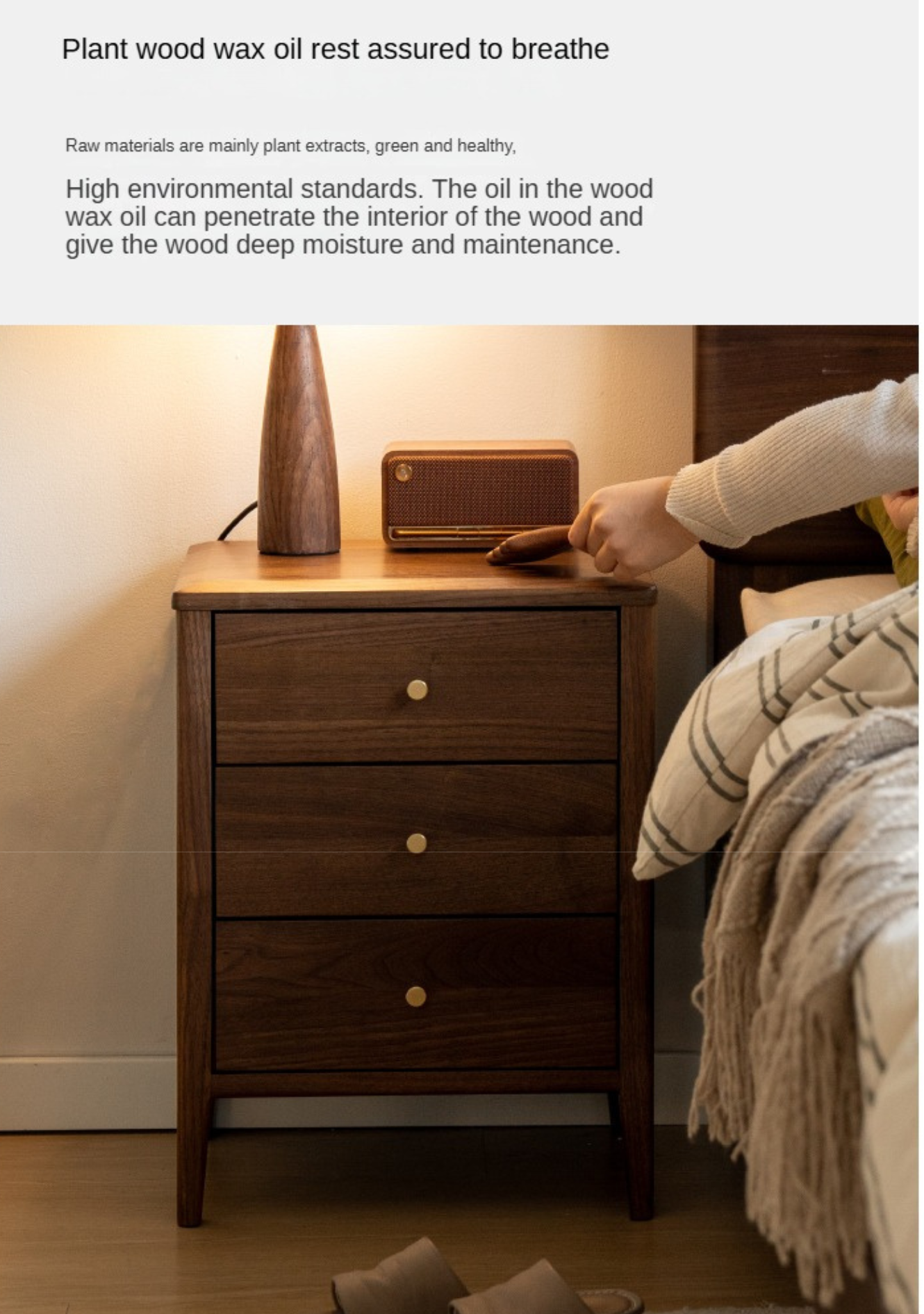 Black Walnut Solid Wood Nordic Style Nightstand.