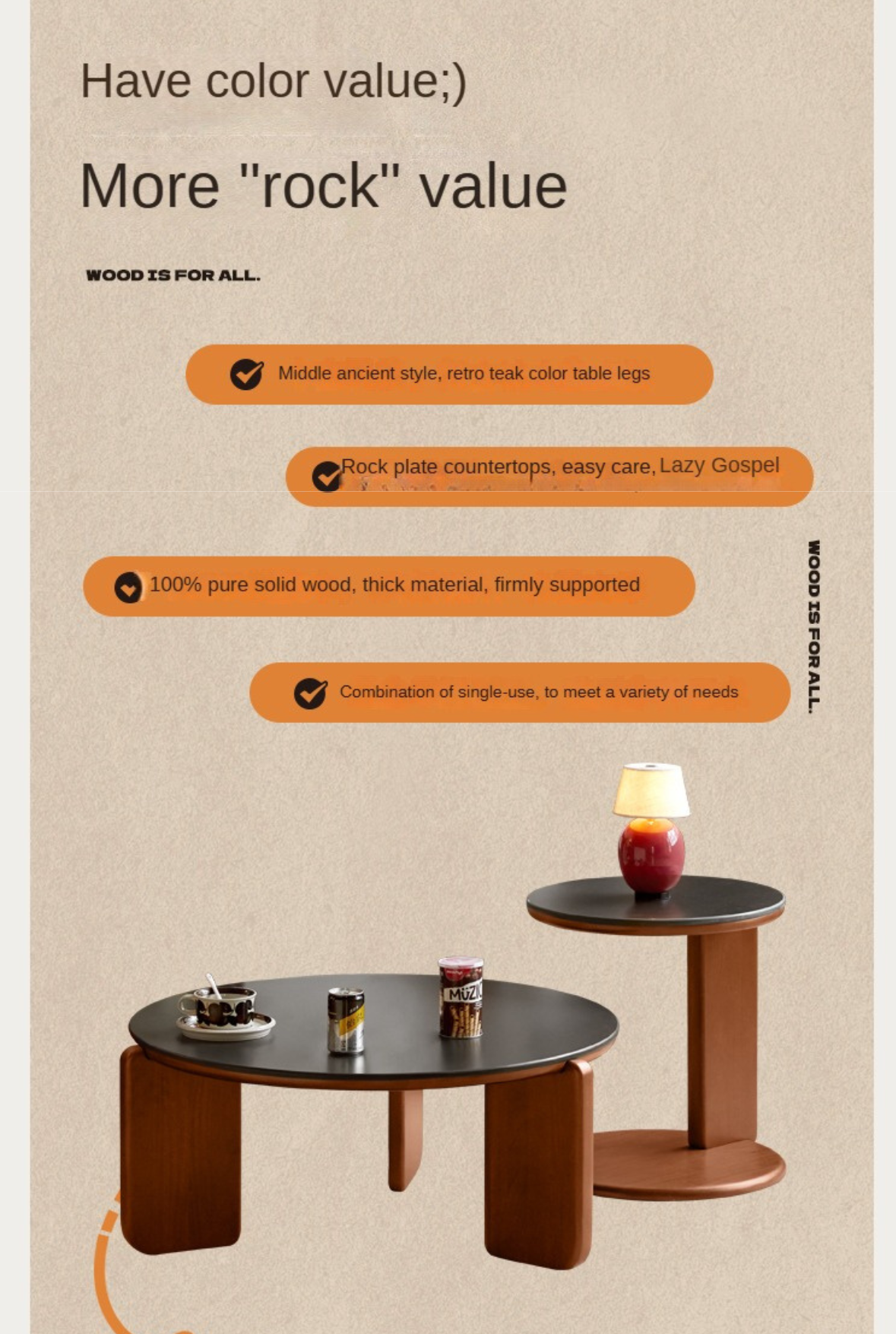 Poplar Solid Wood Rock Board Coffee Table