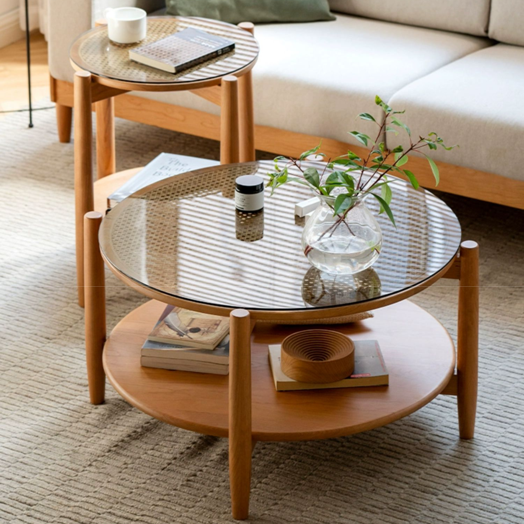 Cherry Wood Rattan Vine Weaving Glass Retro Coffee Table Combination