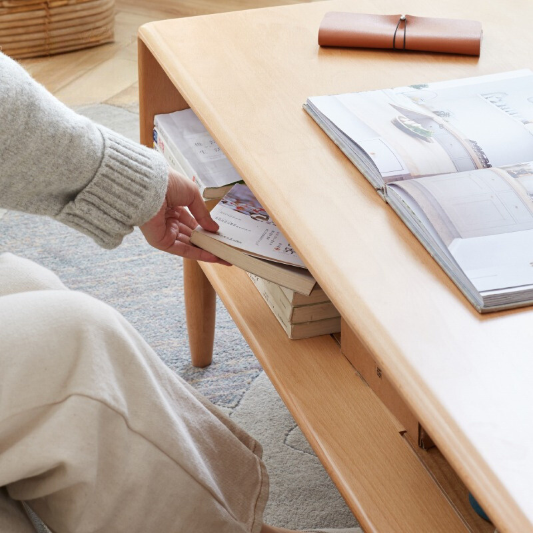 Beech Solid Wood Glass Sliding Door Coffee Table