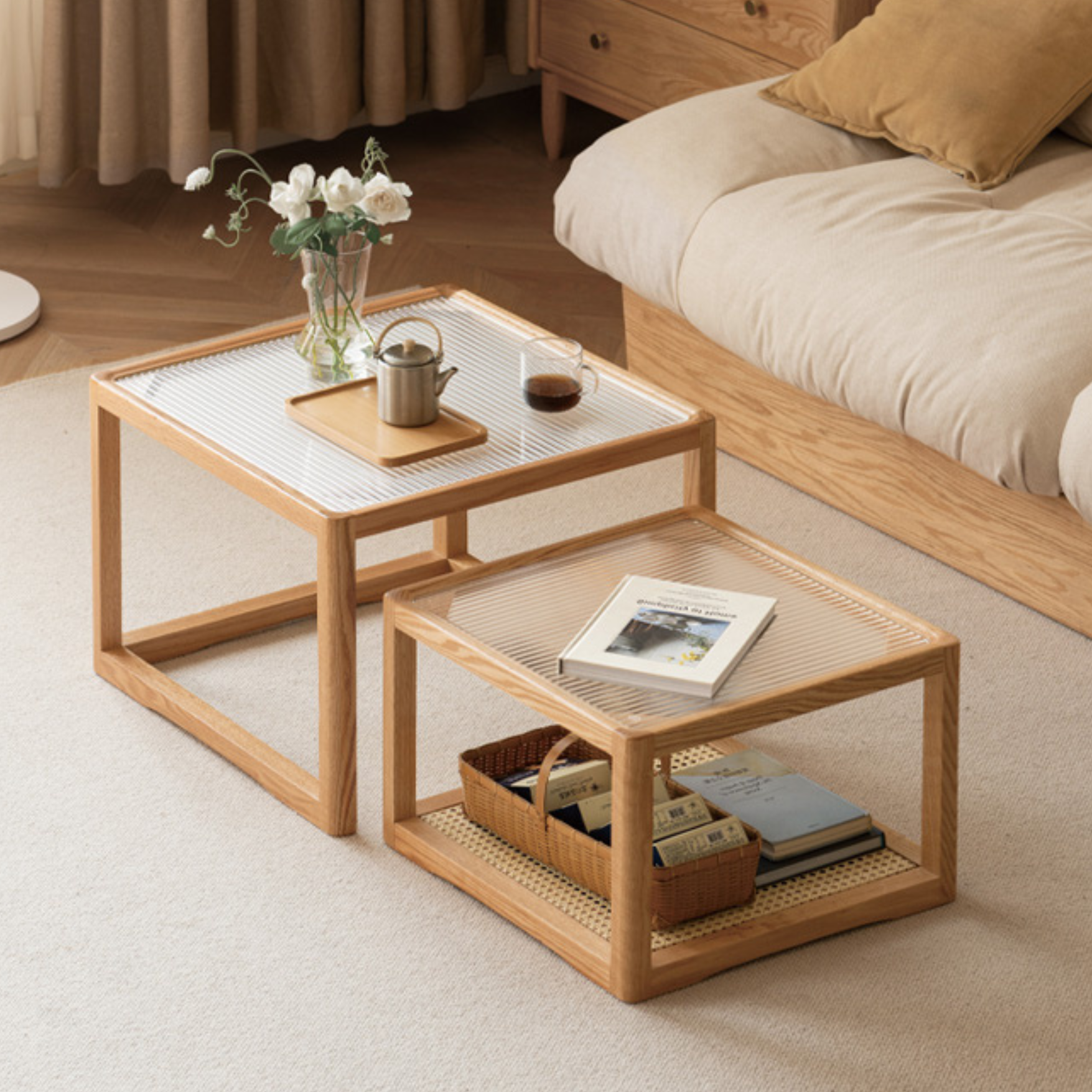Oak, Beech Solid Wood, Glass Rattan Coffee Table