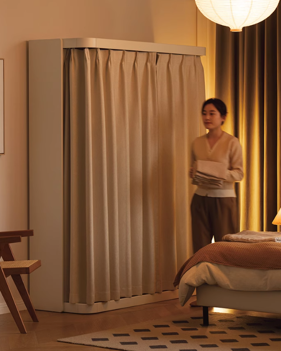 Poplar Solid Wood White Cream Walk-in Curtain Wardrobe.