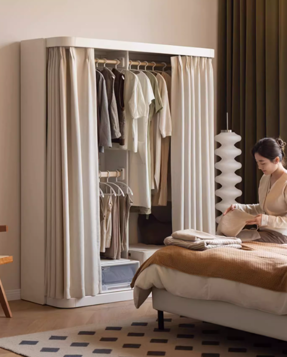 Poplar Solid Wood White Cream Walk-in Curtain Wardrobe.