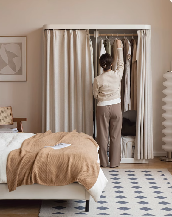 Poplar Solid Wood White Cream Walk-in Curtain Wardrobe.
