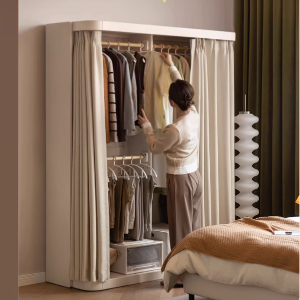 Poplar Solid Wood White Cream Walk-in Curtain Wardrobe.