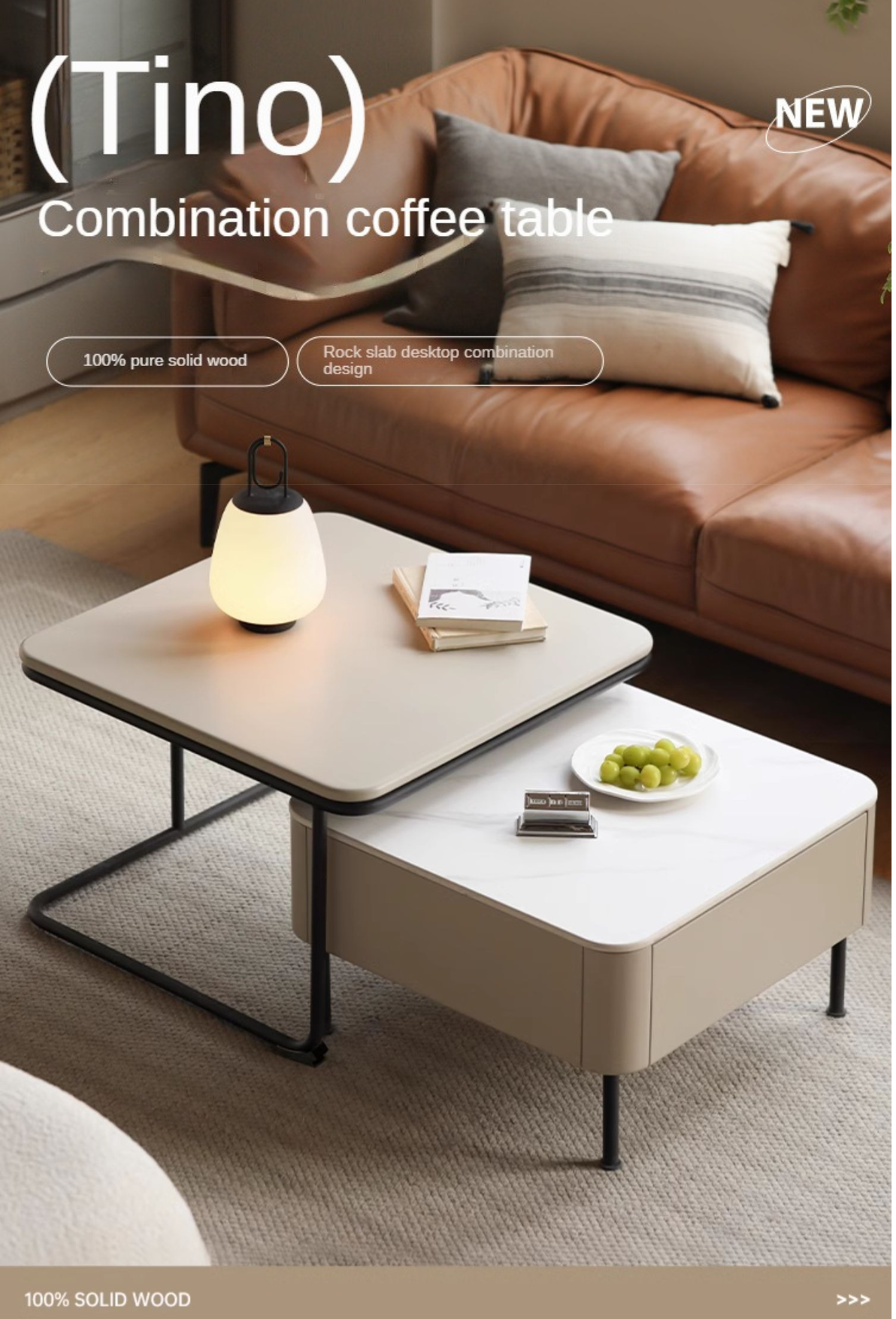 Poplar Solid Wood Modern Light Luxury Rock Board Coffee Table