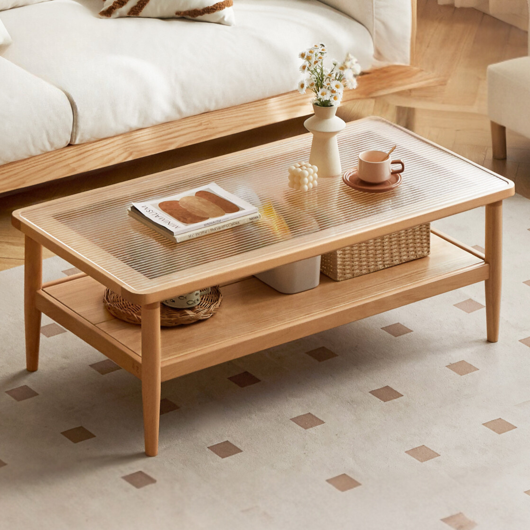 Beech Solid Wood Glass Coffee Table Nordic