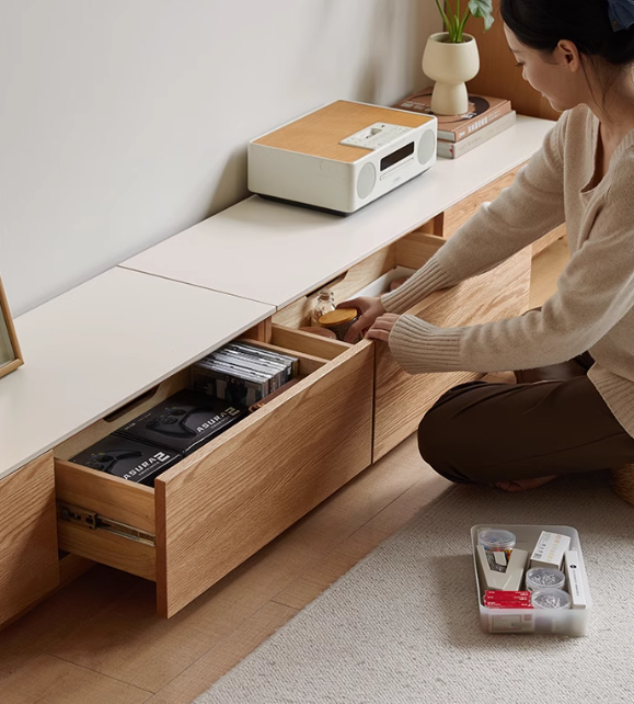 Oak, Rubber wood Solid Wood Modern Rock Slab Floor TV Cabinet
