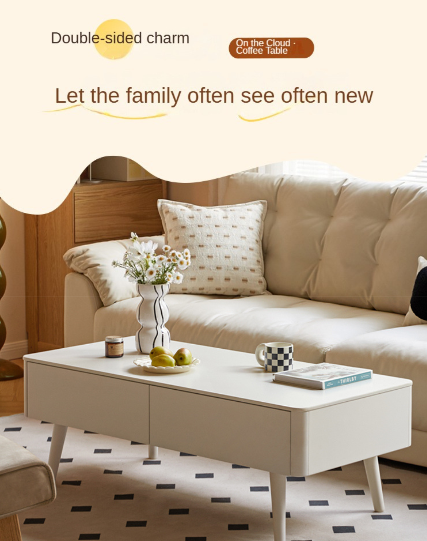 Rubber Solid Wood White Cream Style Rock Plate Coffee Table