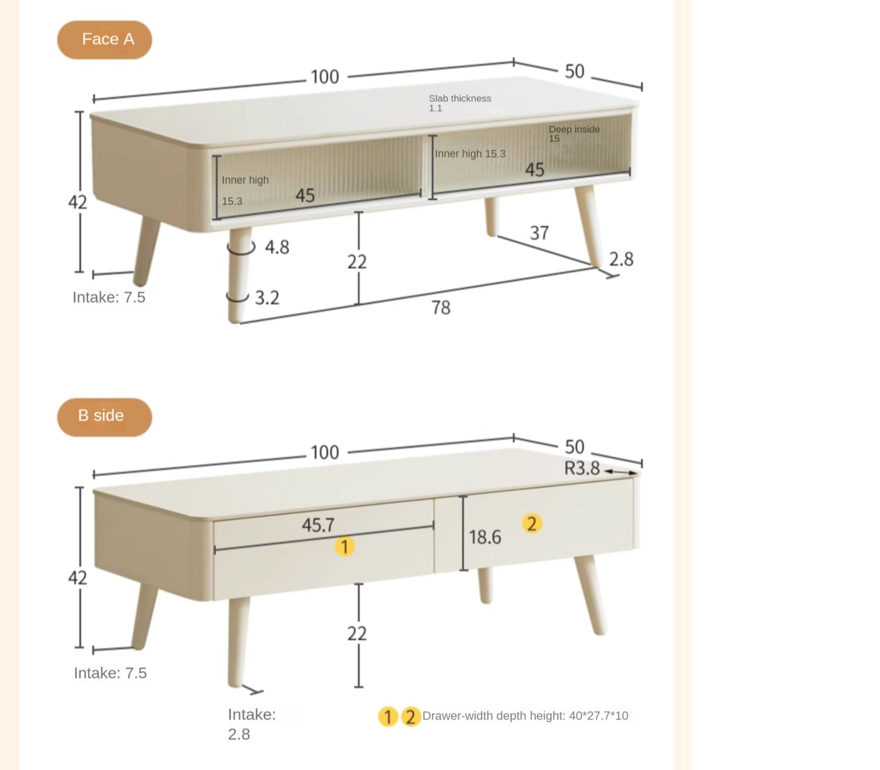 Rubber Solid Wood White Cream Style Rock Plate Coffee Table