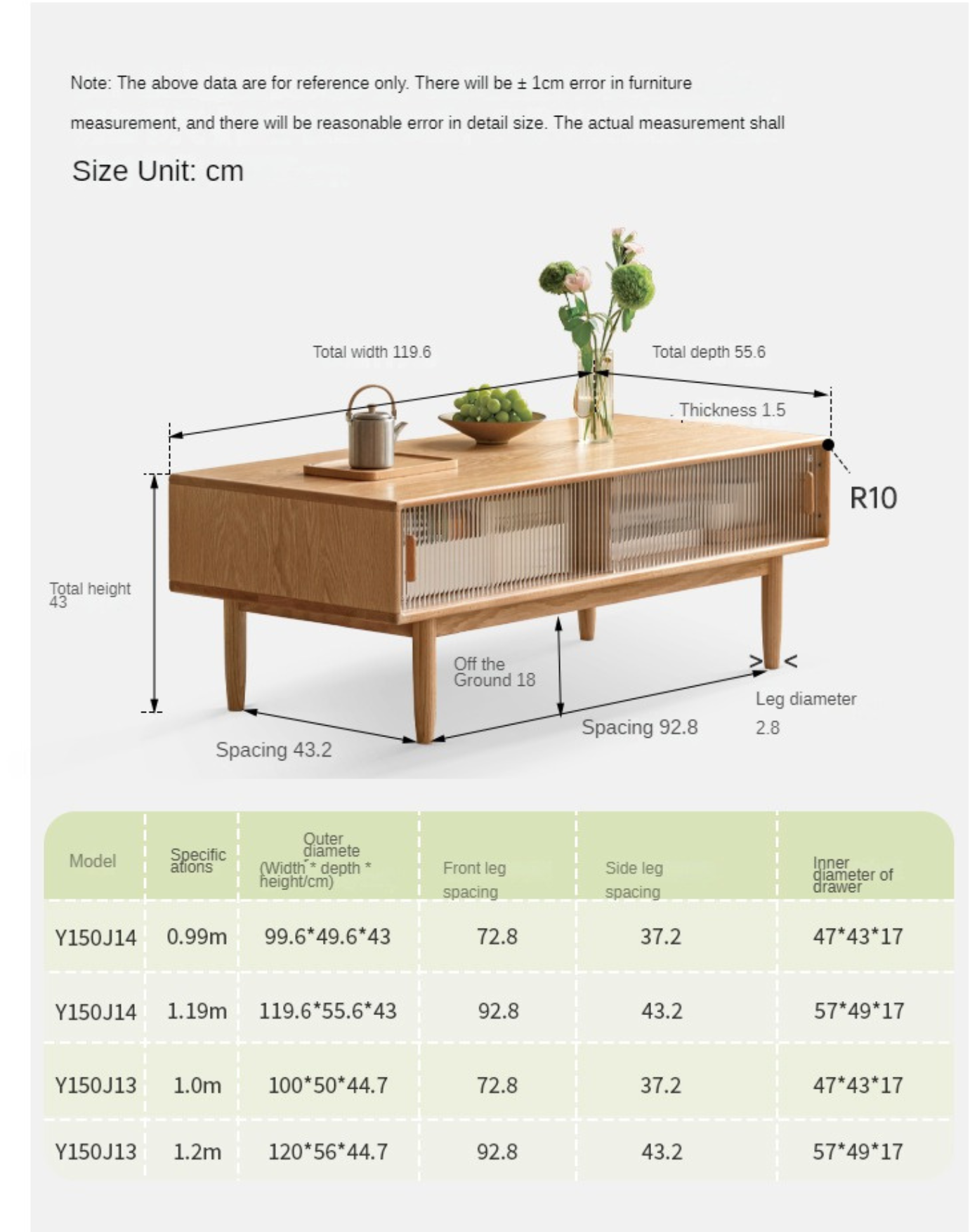 Oak, Beech, Solid Rubberwood Glass Doors Coffee Table