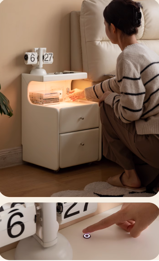 Solid RubberWood Movable Cream Style Nightstand With Light