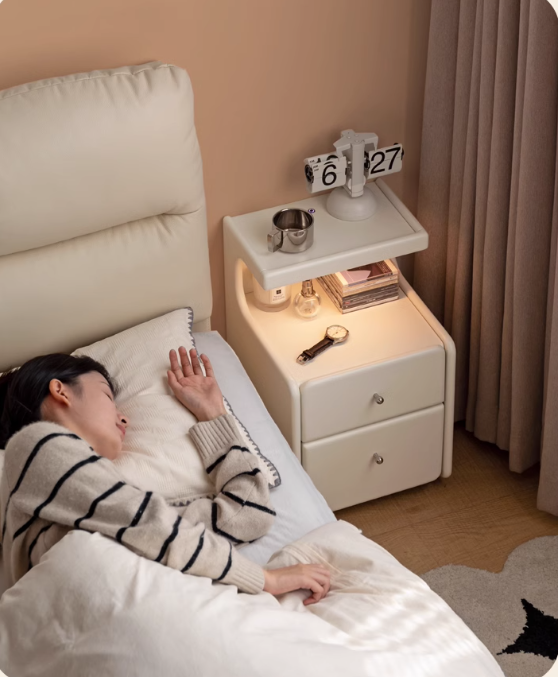 Solid RubberWood Movable Cream Style Nightstand With Light